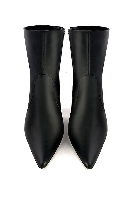 Satin black women's ankle boots with a zip on the inside. Tapered toe. Medium flare heels. Top view - Florence KOOIJMAN
